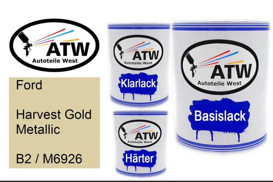 Ford, Harvest Gold Metallic, B2 / M6926: 1L Lackdose + 1L Klarlack + 500ml Härter - Set, von ATW Autoteile West.
